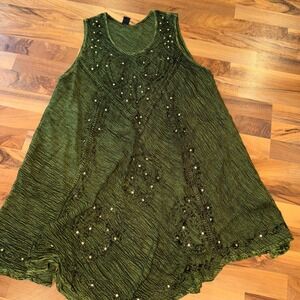 Riviera Sun Green Crinkle Rayon Dress Sleeveless‎ Embellished Bohemian Festival